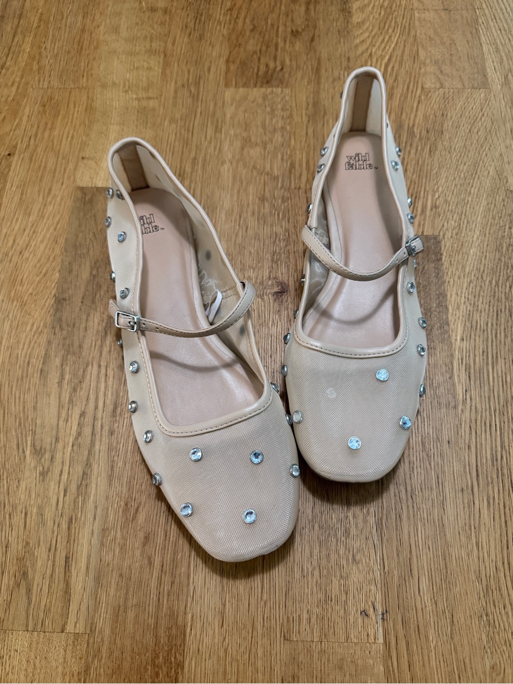 Wild Fable 8 Nude Mesh Rhinestone Ballet Mary Jane Flats